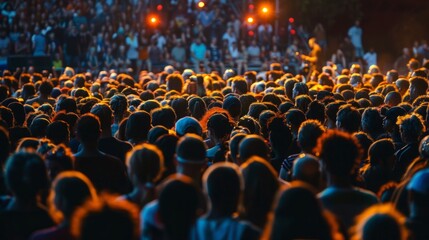 A significant crowd of individuals gathering together and standing in front of a larger audience.
