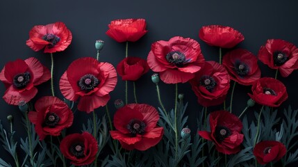 Black background and vibrant red poppies. Memorial Day.