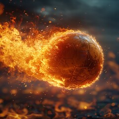 A soccer ball with a trail of flames, representing the energy and speed of the game - obrazy, fototapety, plakaty