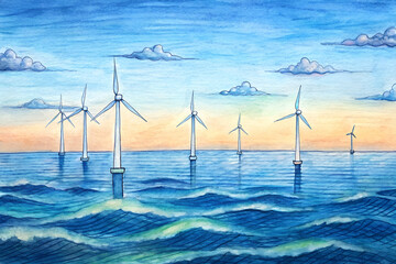 Offshore wind farm with turbines in the ocean