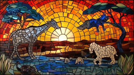 African nature Mosaic , savana and animals, Stained Glass Illusion 
