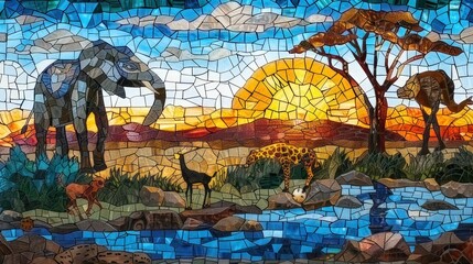 African nature Mosaic , savana and animals, Stained Glass Illusion 
