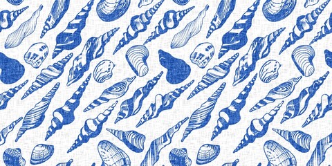 Azure blue white shell motif with linen seamless batik border background. Modern coastal beach cottage rustic shell block print home decor pattern design in sealife beach banner style. 