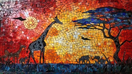 African wildlife Mosaic, savanna scenery, and Stained Glass Mirage

