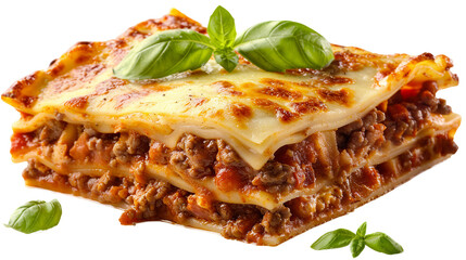 Delicious Homemade Lasagna with Bolognese Sauce on Transparent Background, Perfect for Italian Cuisine Blogs