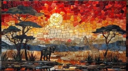 African wildlife Mosaic, savanna scenery, and Stained Glass Mirage
