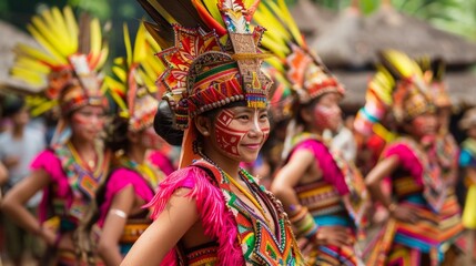A group of women wearing vibrant costumes and headdress, standing together.