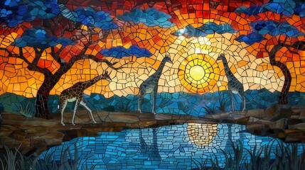 Fototapeta premium African wildlife Mosaic, savanna scenery, and Stained Glass Mirage 