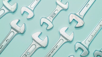 Naklejka premium A cluster of metal wrenches in a pattern on an azure surface