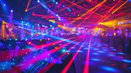 Obraz premium a crowd of people are dancing in a club with lots of colorful lights