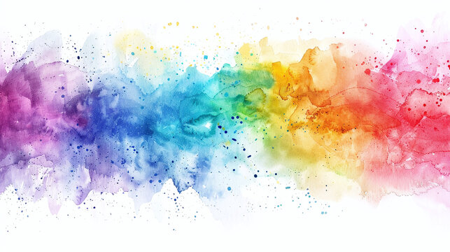 Paint splatter banner, rainbow watercolor paint stains. Colorful splattered spray paints, abstract color ink explosion vector background.