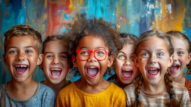 Naklejki Portrait of a group of children with funny expressions on colorful background