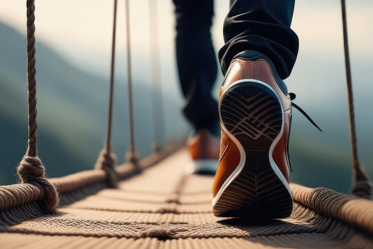 Fototapeta Close-up of a person's feet walking cautiously across a rope bridge, depicting a metaphor for facing challenges and overcoming obstacles in life