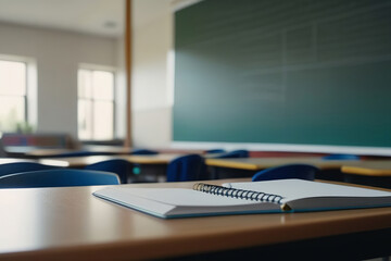An empty classroom with desks neatly arranged and a chalkboard in the background, conveying a calm and ready environment for learning and intellectual development