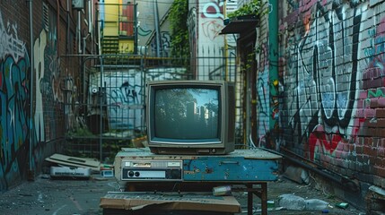 An old analog television broken and abandoned on a dirty street with walls painted with graffiti.