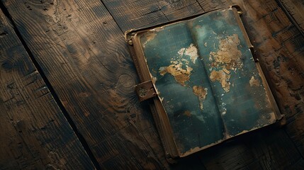 Old world map and a journal on a wood table, rugged style.