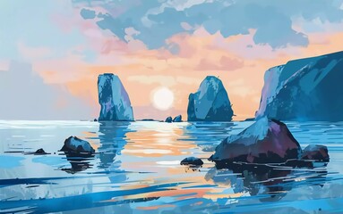Ocean View or Seascape with Rocks at Dawn or Dusk Very beautiful Hand Painted Illustration