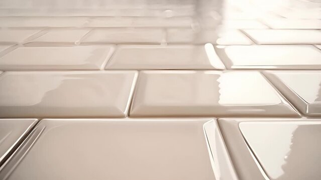 A white tile floor with a shiny, reflective surface. The tiles are square and arranged in a pattern