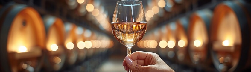A hand holding a glass of white wine in a wine cellar.