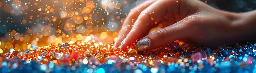 A hand picking up a handful of gems and glitter.