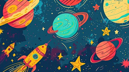 Children's drawing of space with rockets, stars and planets, bright colors, flat design.