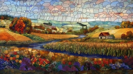 Mosaic of American nature, with cornfields and rivers, creating a Stained Glass Illusion
