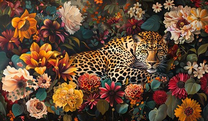 Fototapeta premium Leopard surrounded by flowers