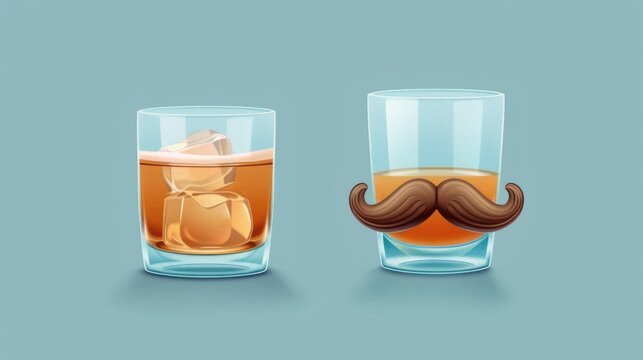 A glass of whiskey with a moustache on the side. Suitable for bar and alcohol concepts