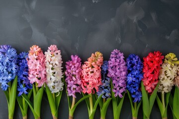 Vibrant hyacinth flowers arranged in a row against a blackboard. Suitable for educational or gardening concepts