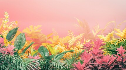 Tropical flowers and leaves painting on pink background