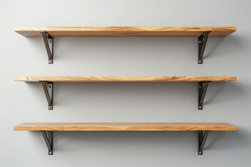Three wooden shelves with metal brackets on a gray wall