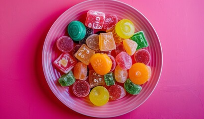 White plate covered with gummy bears