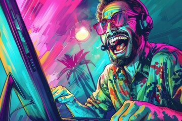 A man wearing headphones and a shirt is playing a video game. Suitable for gaming and technology concepts