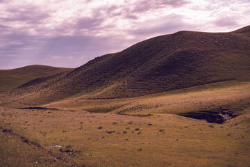 A desolate, rocky hillside with a few trees scattered around. The sky is cloudy and the sun is shining through the clouds