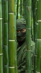 a ninja is hiding behind a row of bamboo trees