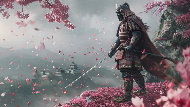 A man in a samurai costume stands on a hillside with pink flowers in the background. The image has a serene and peaceful mood, with the man's stance and the pink flowers creating a sense of calmness