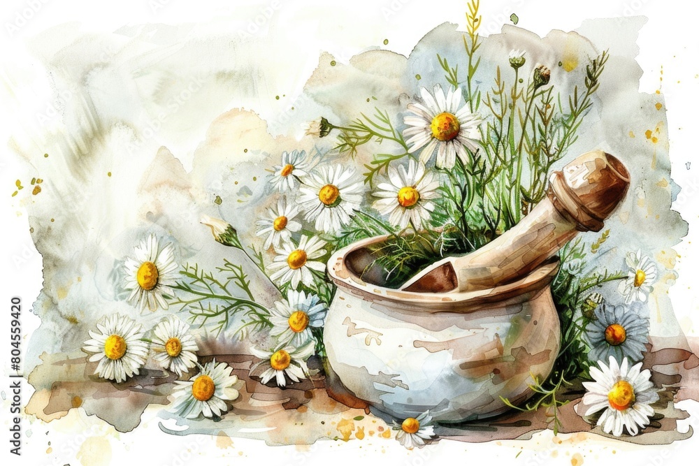 Poster a painting of a mortar and flowers on a table. suitable for various design projects