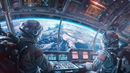 Two astronauts are in a space shuttle looking out the window at the Earth. Concept of wonder and awe at the vastness of space and the beauty of our planet - Powered by Adobe