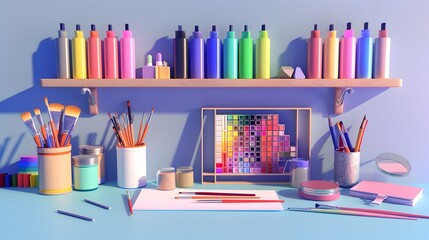 Organized Art Supplies on Minimalist Desk Display