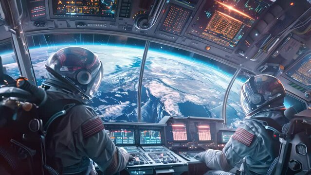 Two astronauts are in a space shuttle looking out the window at the Earth. Concept of wonder and awe at the vastness of space and the beauty of our planet