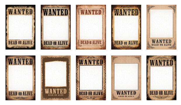 Set of 'Wanted Dead or Alive' vintage posters. Retro 1865 to 1900 time period wanted poster. Transparent background PNG cutout. With subtle aged texture in the hole for when face is added.