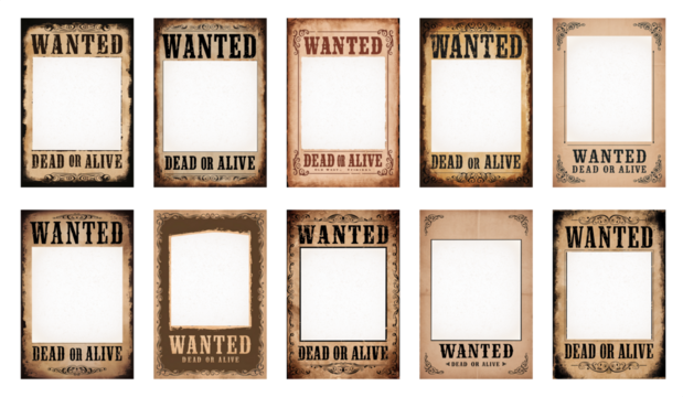 Set of 'Wanted Dead or Alive' vintage posters. Retro 1865 to 1900 time period wanted poster. Transparent background PNG cutout. With subtle aged texture in the hole for when face is added.