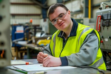 Young man with down syndrome special needs working in factory, inclusion concept