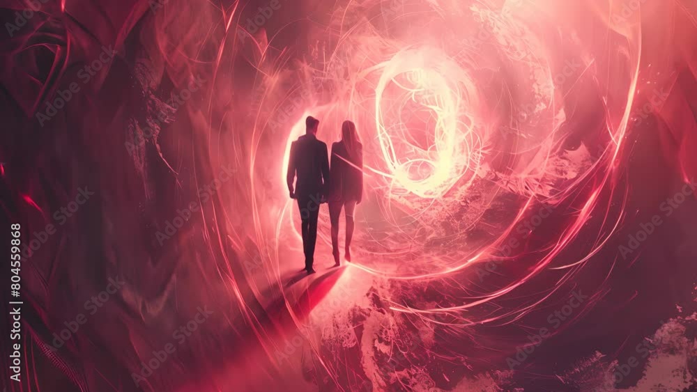 Poster a couple walking through a tunnel with a red background