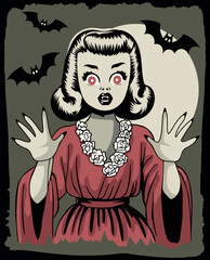 Retro syle cartoon vampire girl - Vector halloween illustration