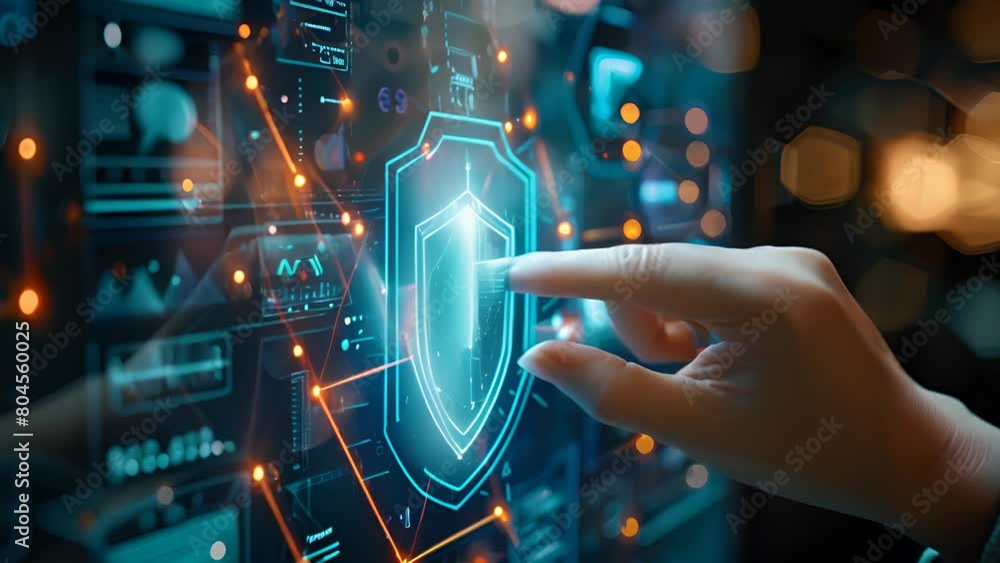 Poster a person is pointing at a blue shield on a computer screen. the shield is surrounded by a lot of glo