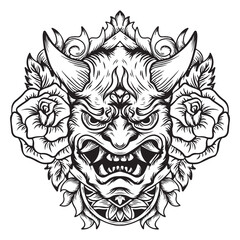 tattoo and t-shirt design black and white hand drawn onimask with flower engraving ornament vector