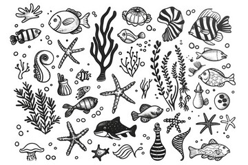Detailed black and white drawing of fish swimming among aquatic plants. Suitable for educational materials or nature-themed designs