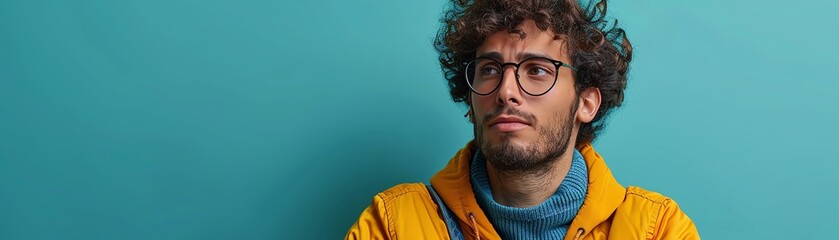 A young male with curly hair and glasses looks off to the side thoughtfully. - obrazy, fototapety, plakaty