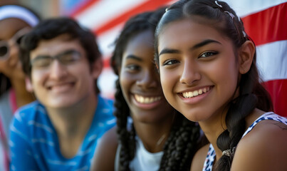 Fototapeta premium A group of young people smiling in front of an american flag.